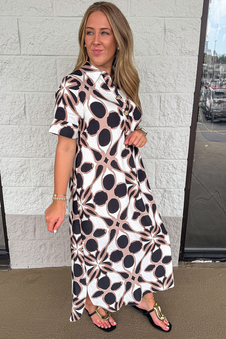 black ivory and taupe patterned print short sleeve button bodice midi dress with side pockets
