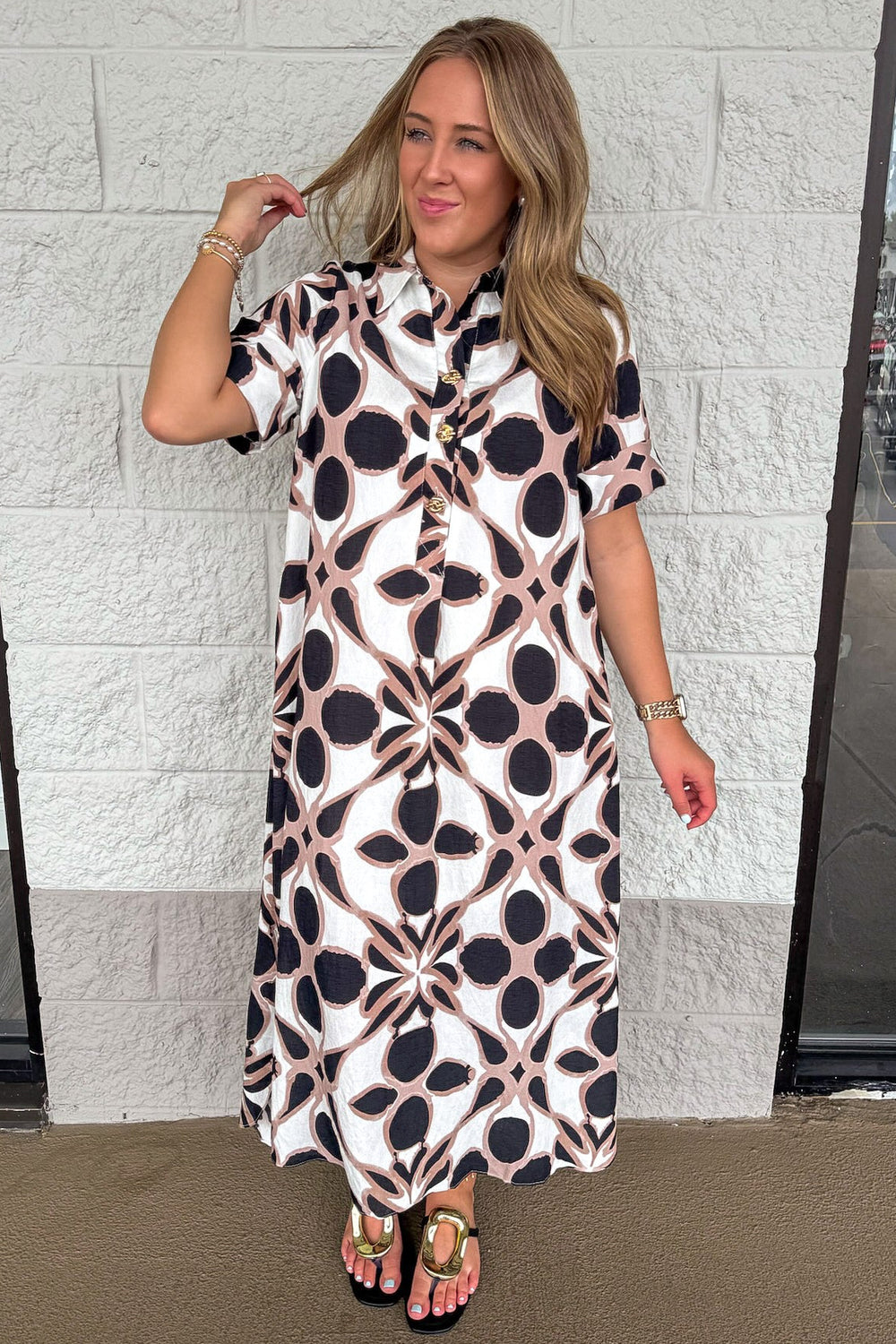 black ivory and taupe patterned print short sleeve collared neckline button bodice midi dress