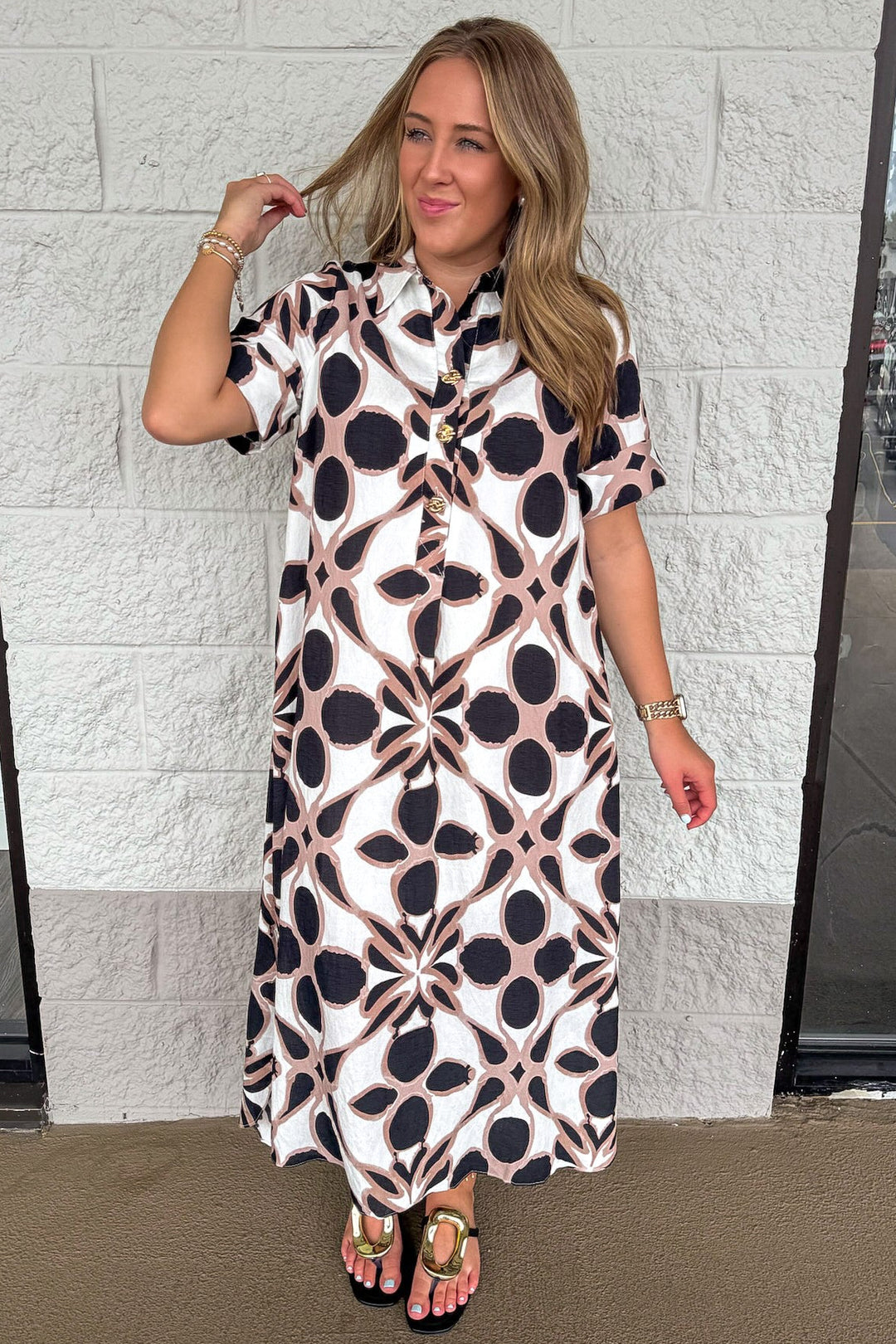 black ivory and taupe patterned print short sleeve collared neckline button bodice midi dress