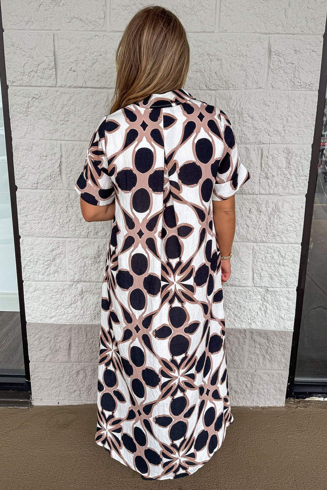 black ivory and taupe patterned print short sleeve button bodice midi dress with gathered back detail