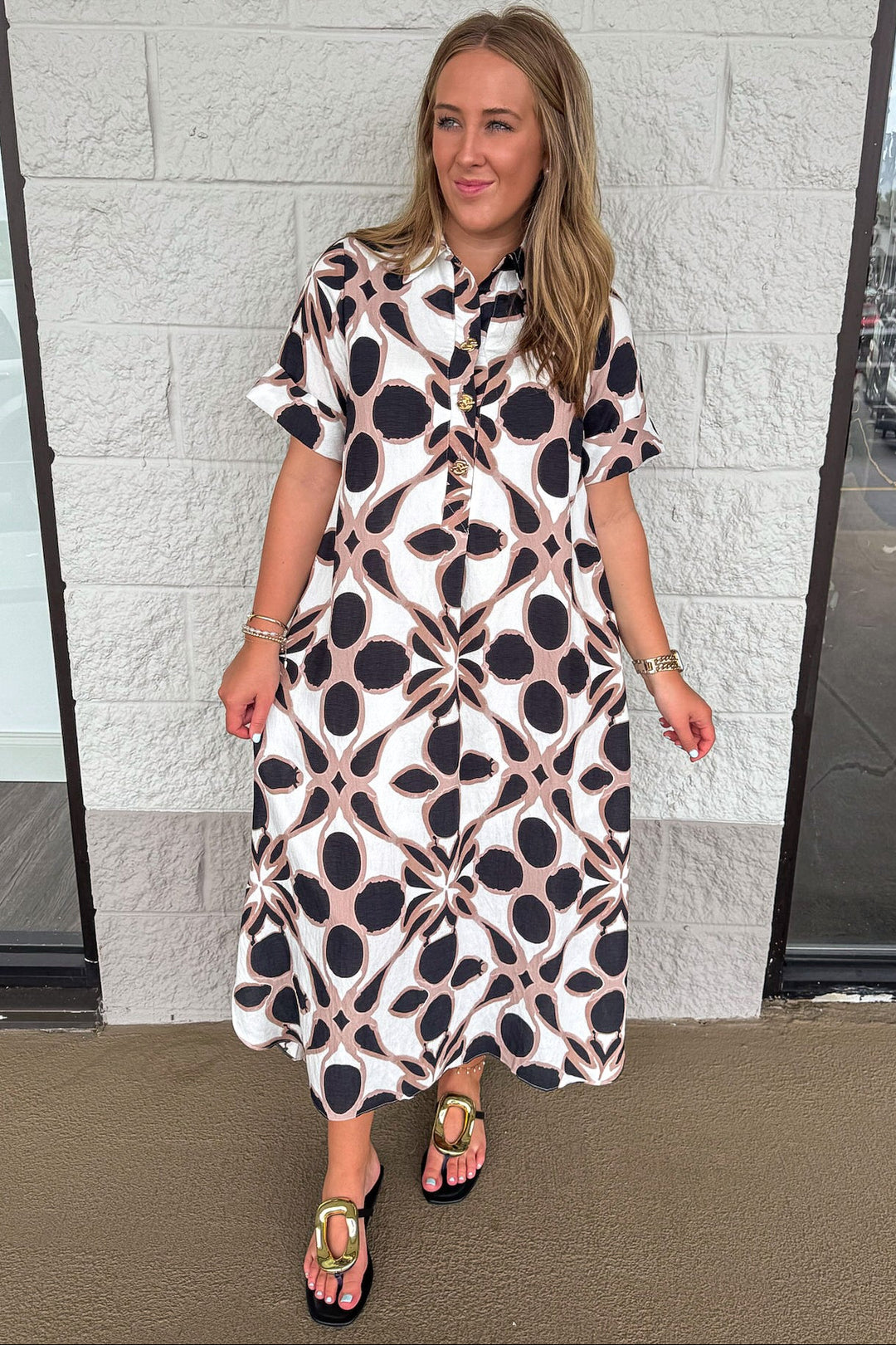 black ivory and taupe patterned print short sleeve button bodice midi dress