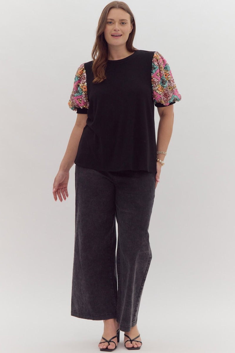 Entro Plus Black soft knit top with multicolor sequin puff sleeves