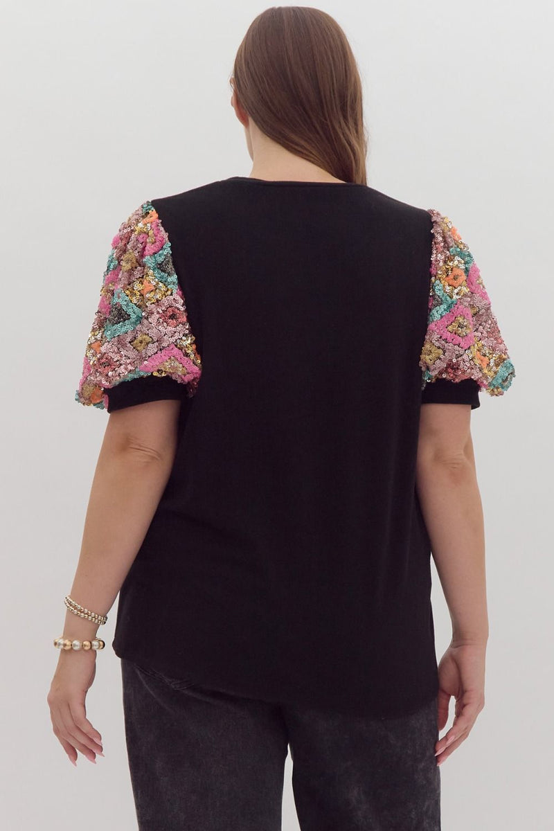 Entro Plus Black soft knit top with multicolor sequin puff sleeves