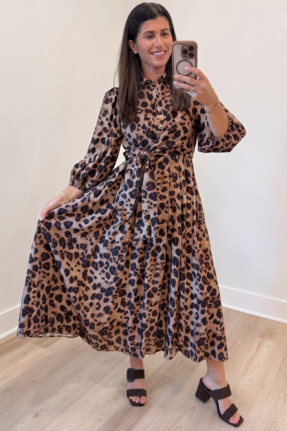 brown and black leopard print button front bodice wrap tie waist midi dress with pleated skirt