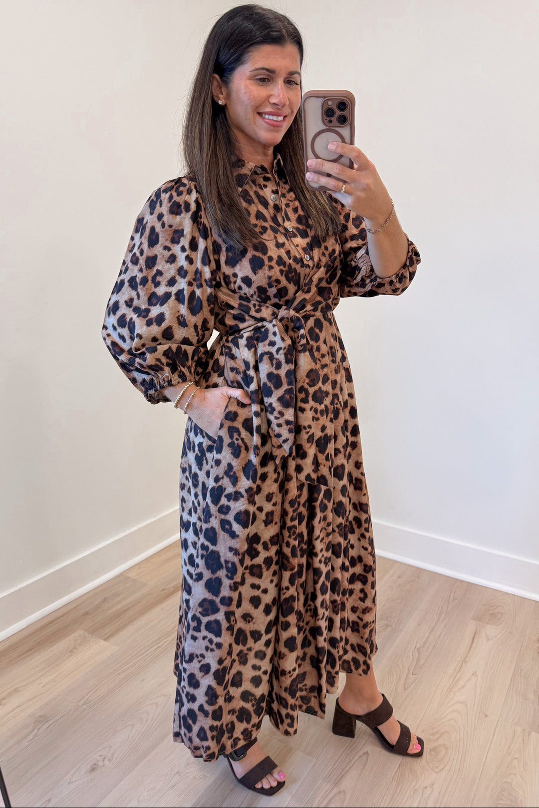 brown and black leopard print button front bodice wrap tie waist midi dress with side pockets