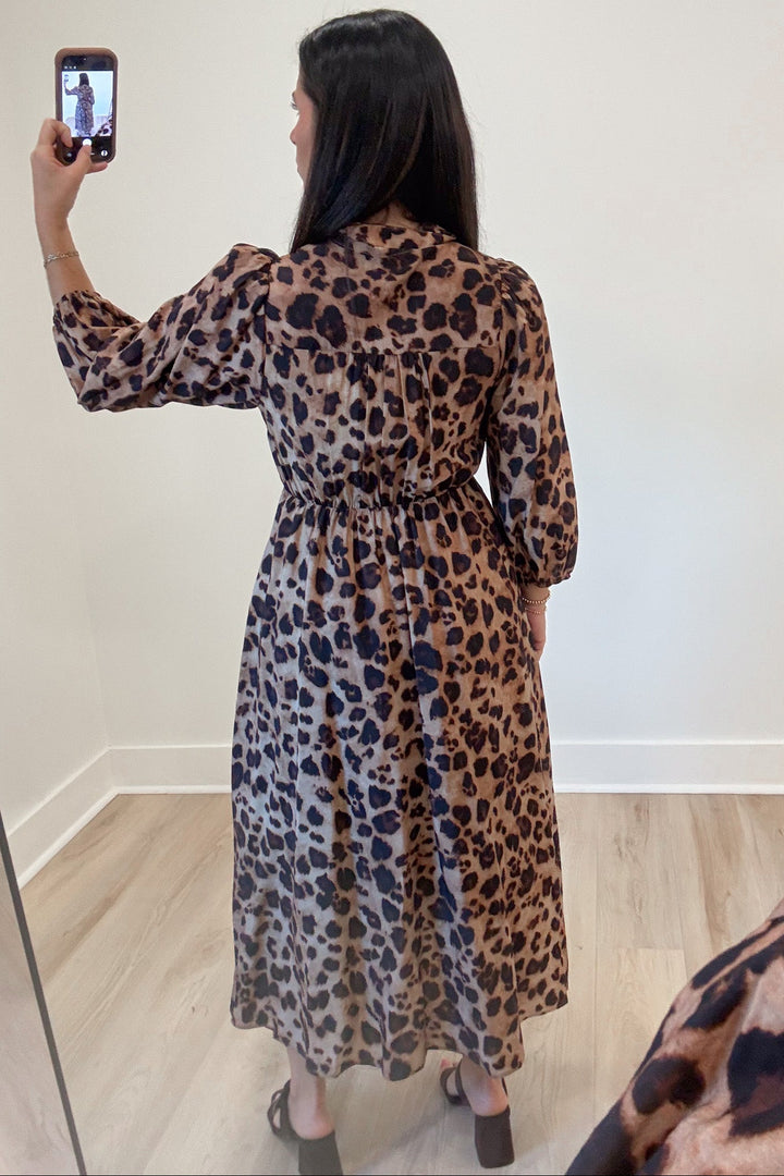 brown and black leopard print button front bodice wrap tie waist flowy midi dress