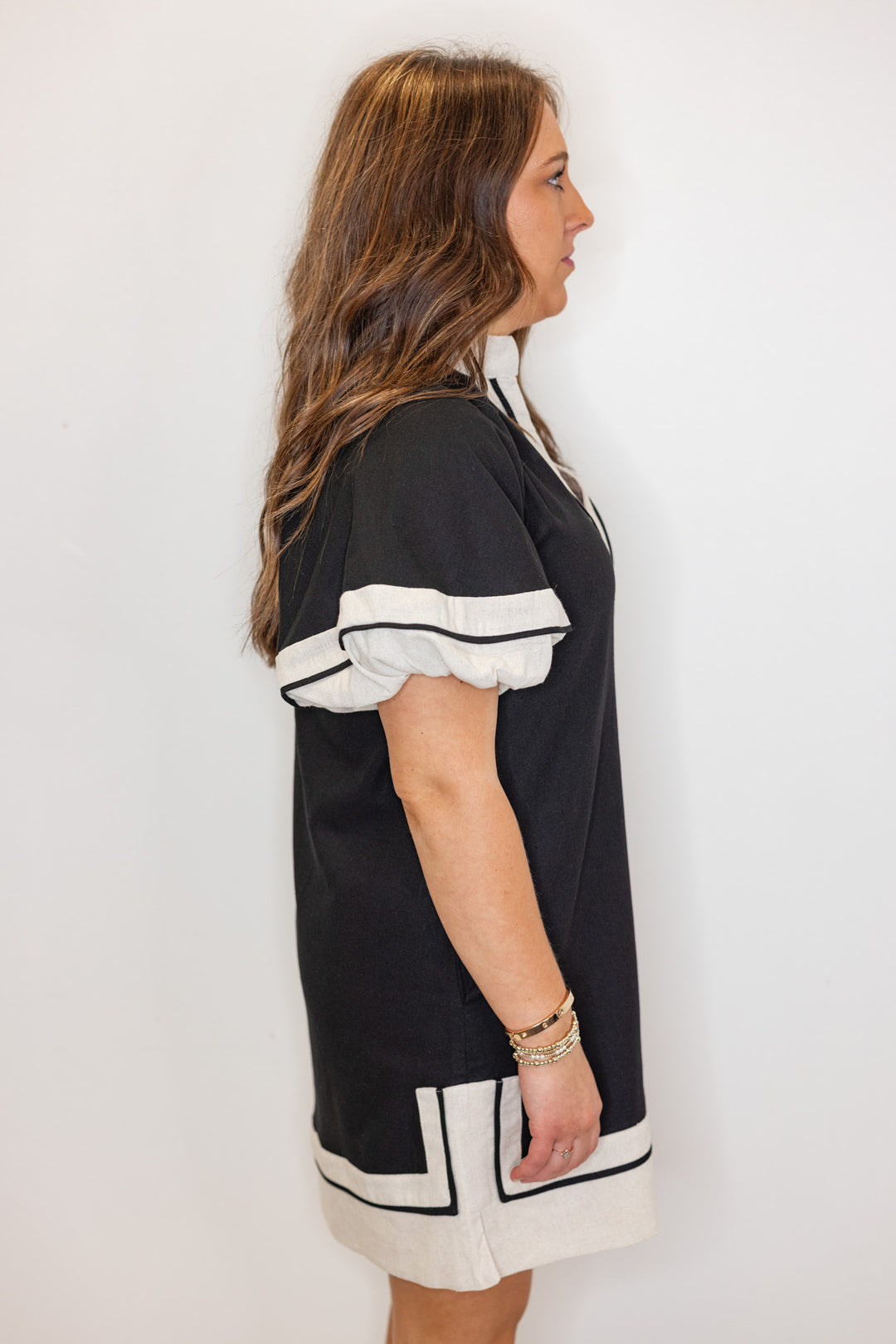 black linen contrast shift dress