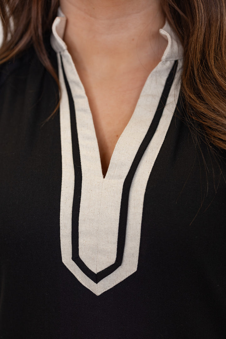 black linen contrast shift dress