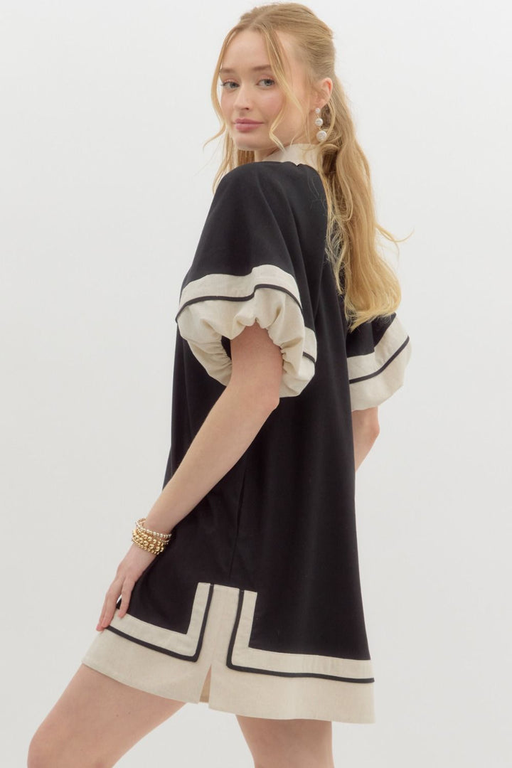 Entro Black linen dress with black striped oatmeal band trim