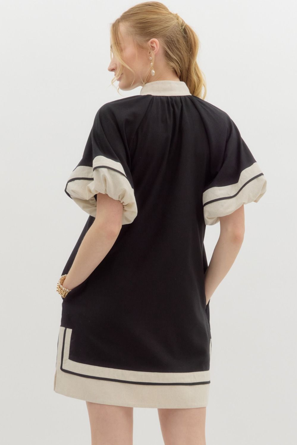 Entro Black linen dress with black striped oatmeal band trim