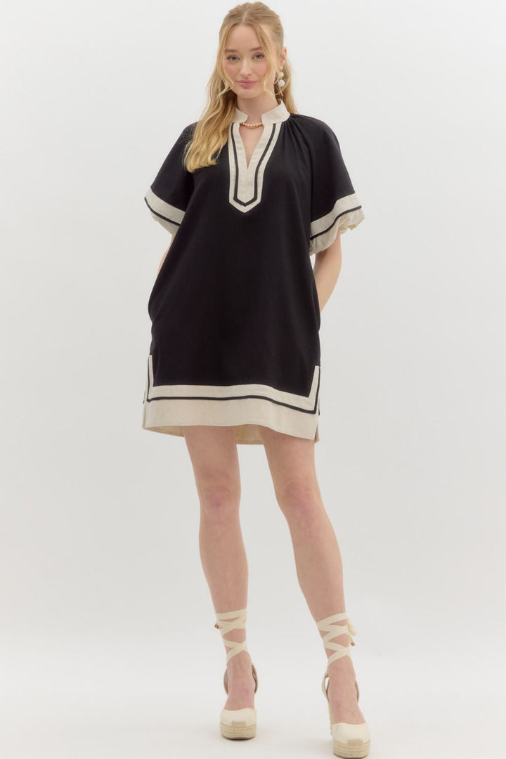 Entro Black linen dress with black striped oatmeal band trim