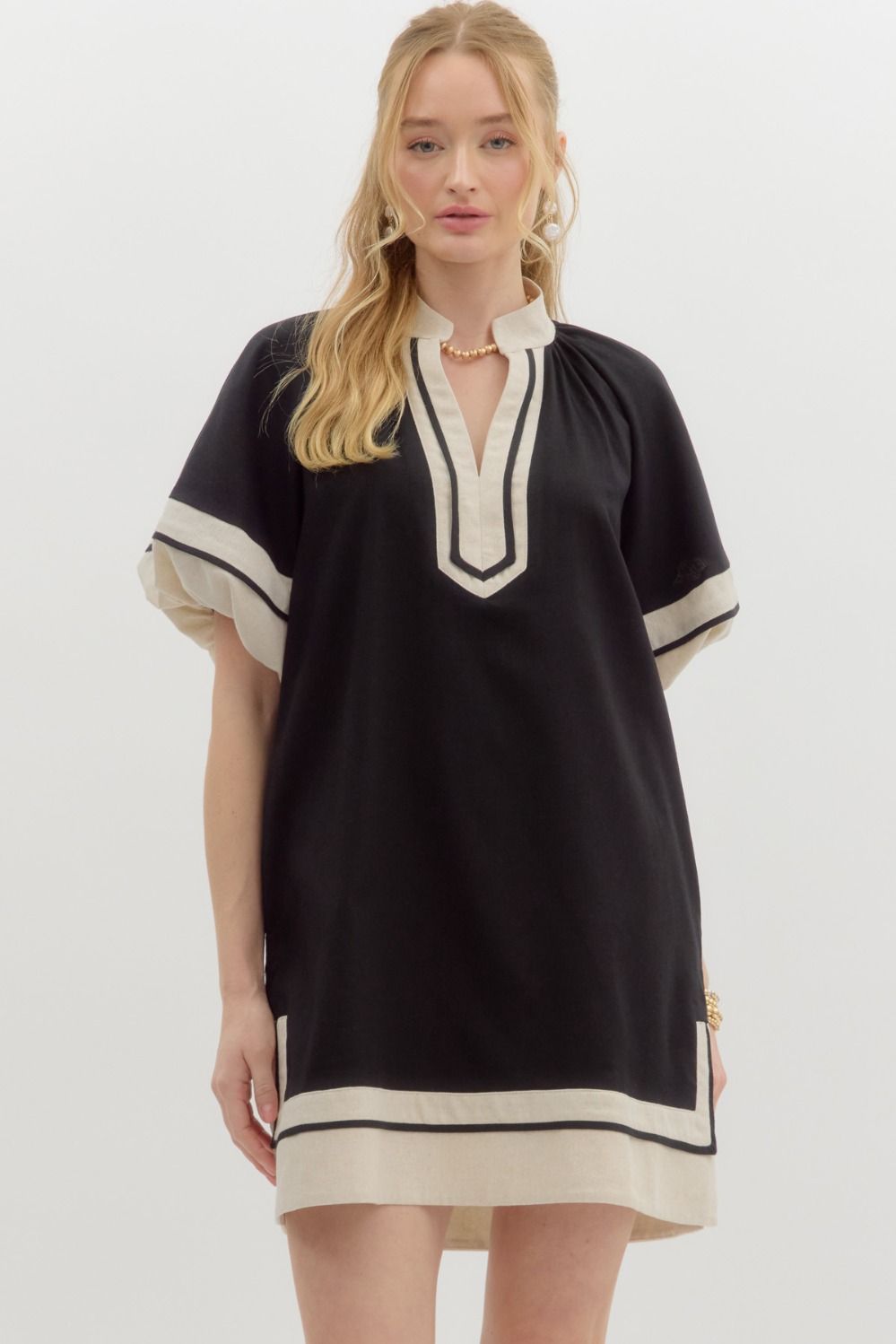 Entro Black linen dress with black striped oatmeal band trim
