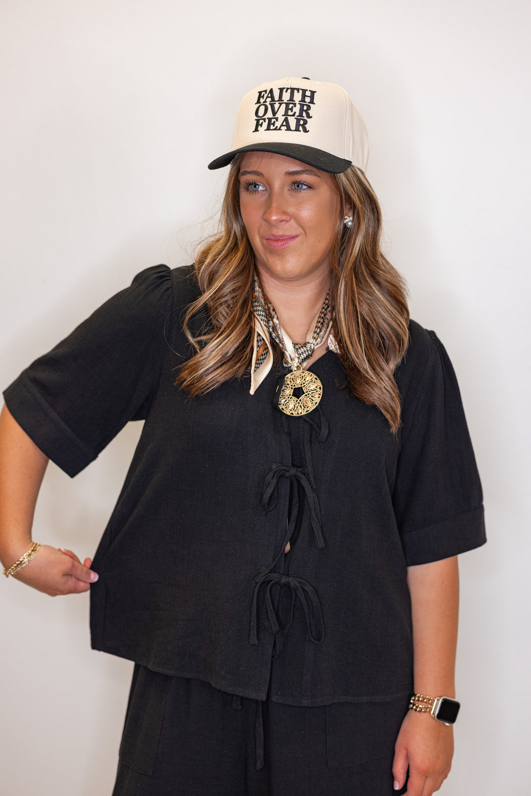 Women's black linen bow tie top and elastic waist wide leg pants set by Jodifl   showing tops relaxed silouhette