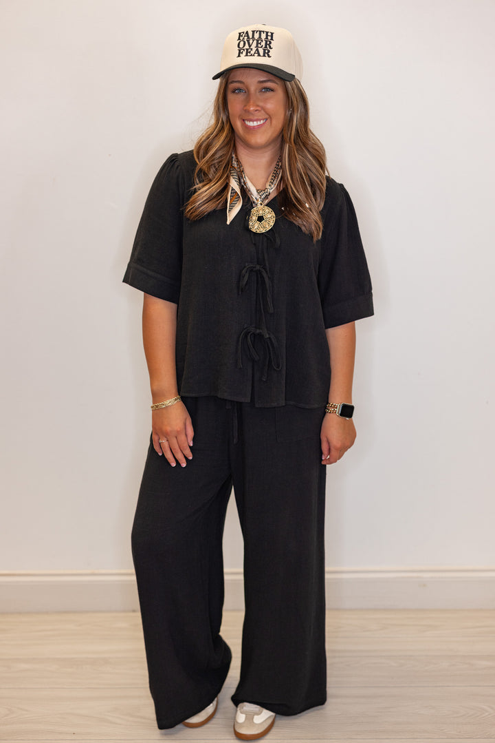 Women's black linen bow tie top and elastic waist wide leg pants set by Jodifl 