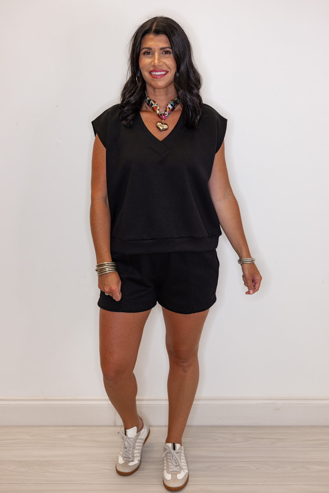 women's black scuba knit shorts set