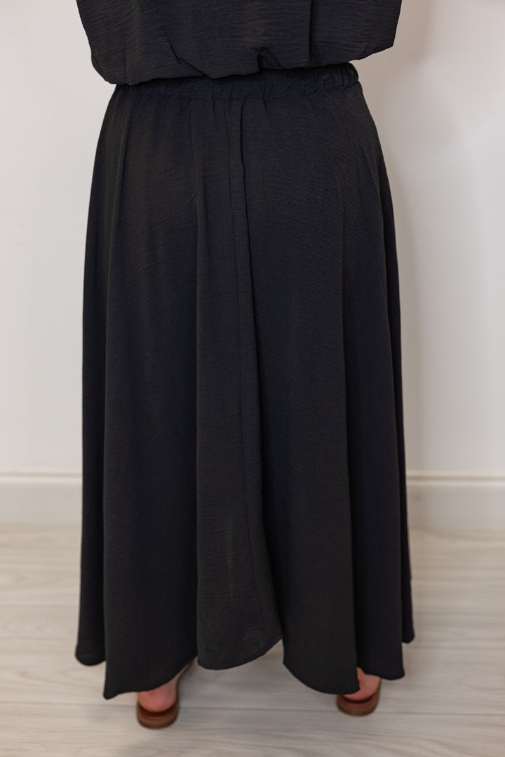 dressy black elastic waist midi skirt