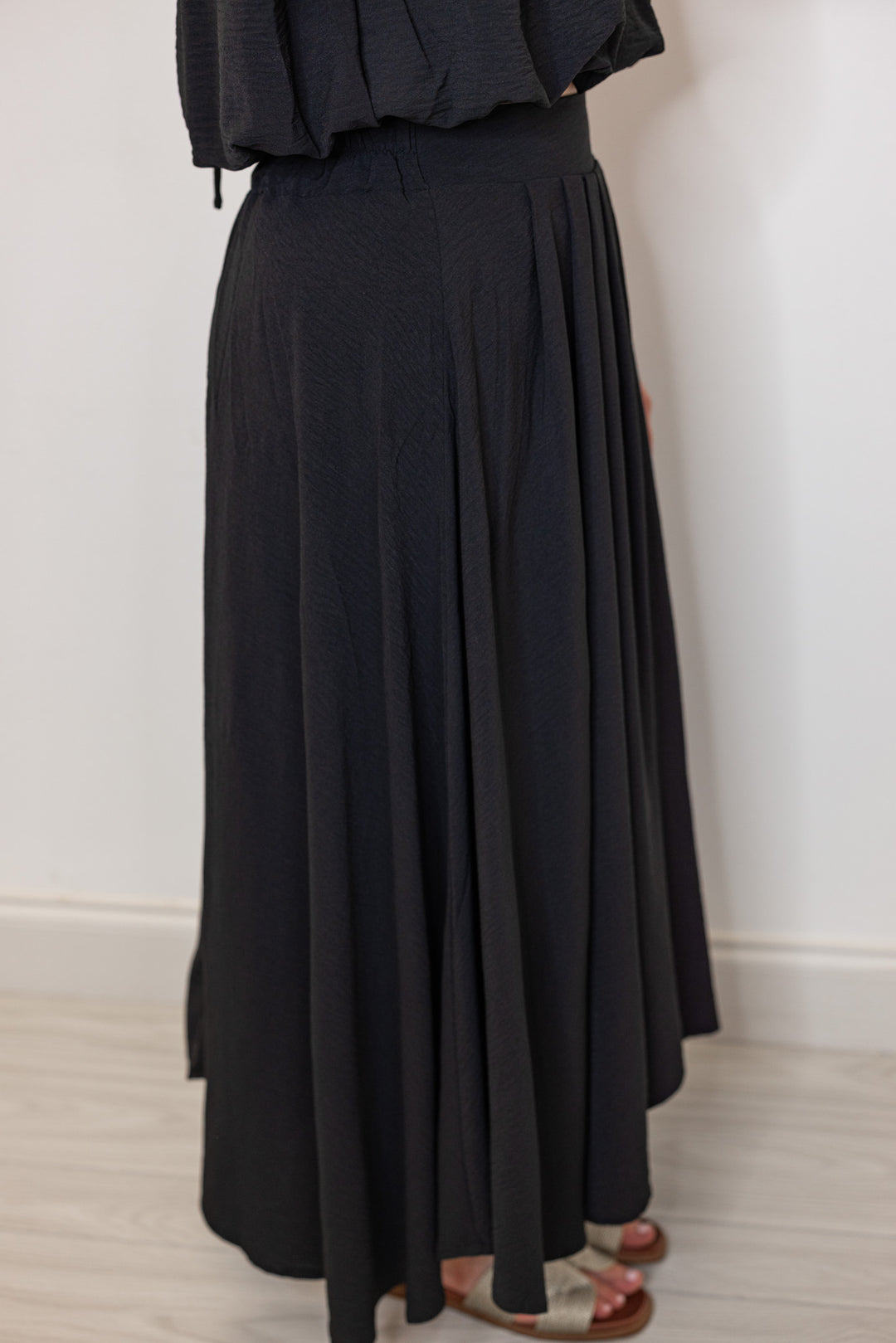 dressy black elastic waist midi skirt