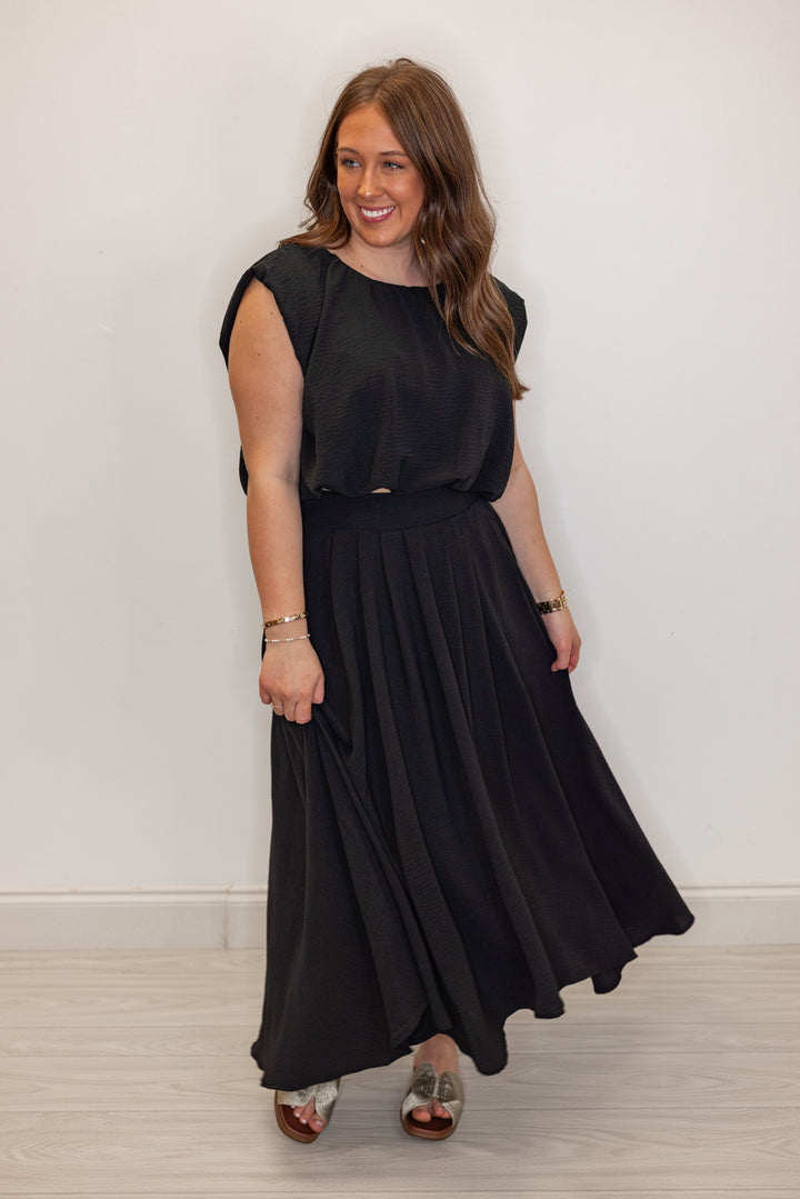 dressy black elastic waist midi skirt