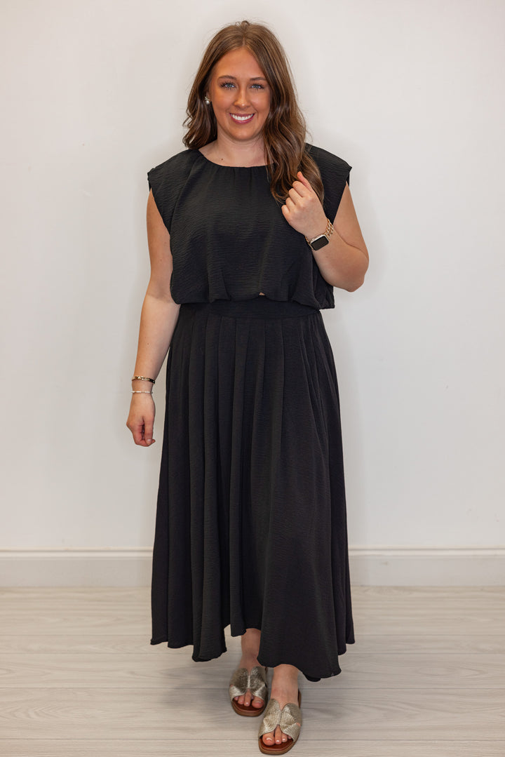 dressy black elastic waist midi skirt