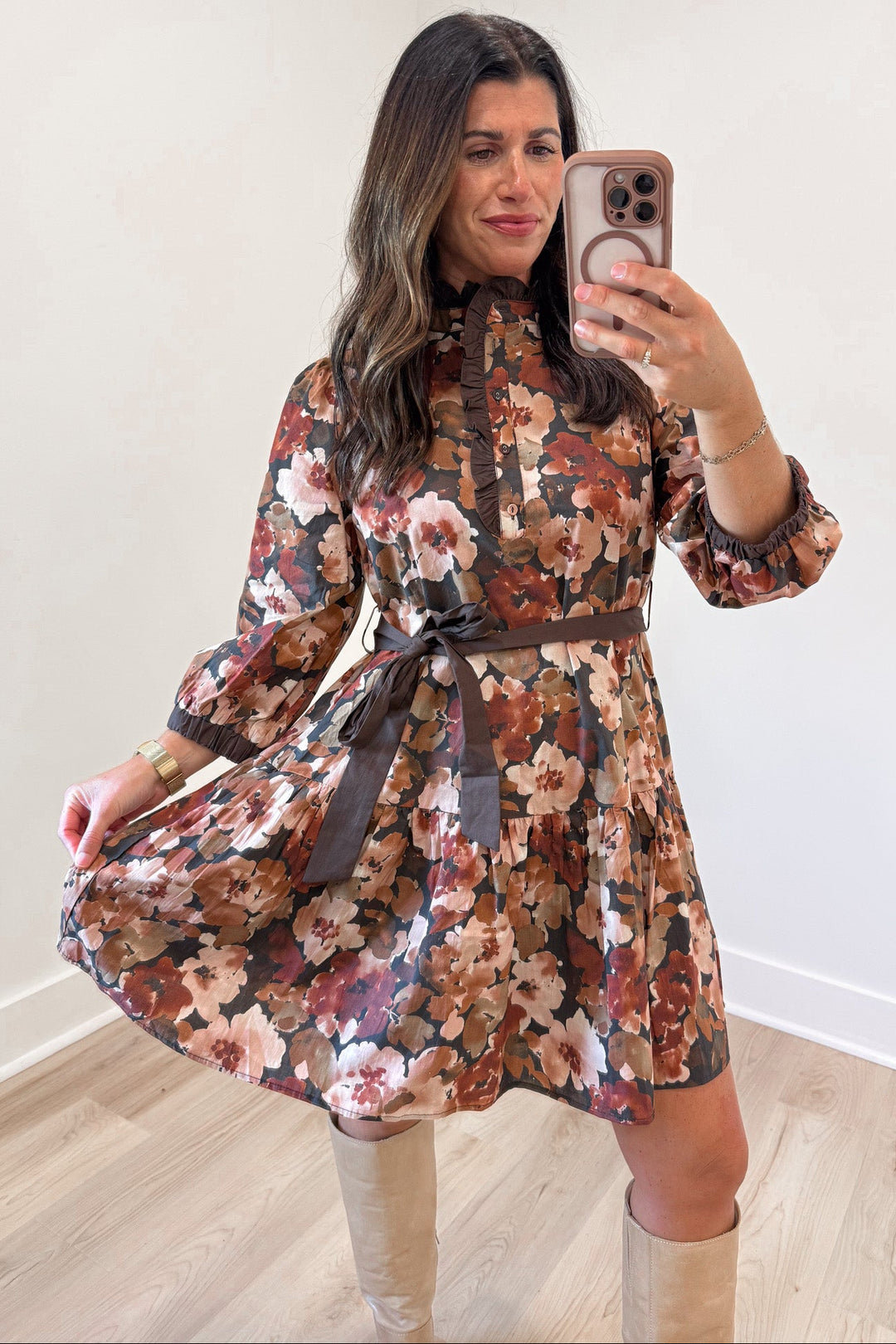 black and multicolored floral print with brown trim belted waist tiered hem short dress