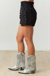 black twill pearl beaded paperbag shorts