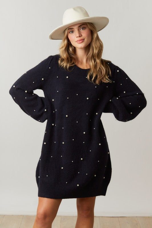 Fantastic Fawn Black sweater knit tunic dress with beaded pearls