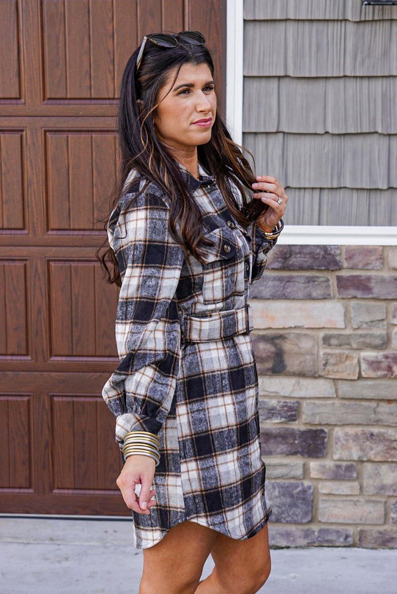 black plaid flannel button dress