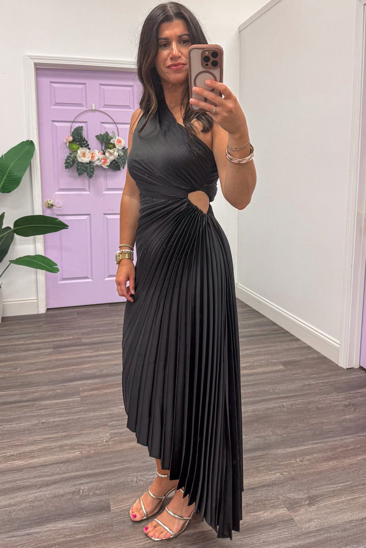 solid black pleated one shoulder asymmetrical hem satin maxi dress with side keyhole cut-out