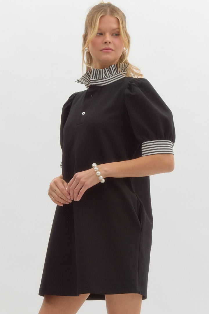 Entro Black polo style dress with contrasting white striped trim and ruffled mock neck