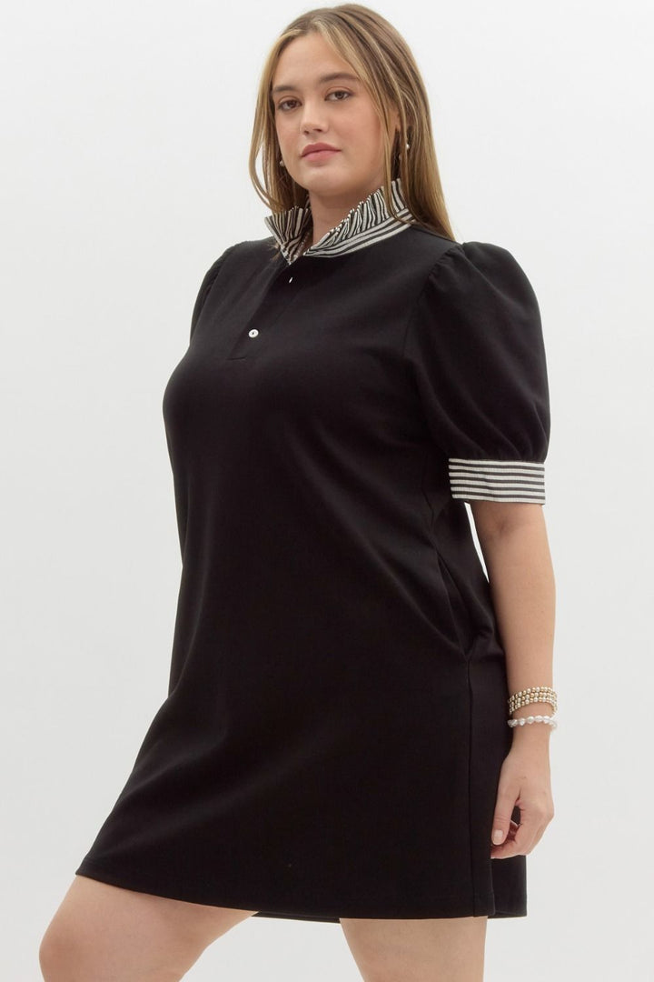 Entro Plus Black polo style dress with contrasting white striped trim and ruffled mock neck