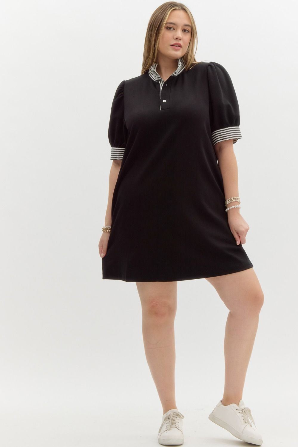 Entro Plus Black polo style dress with contrasting white striped trim and ruffled mock neck