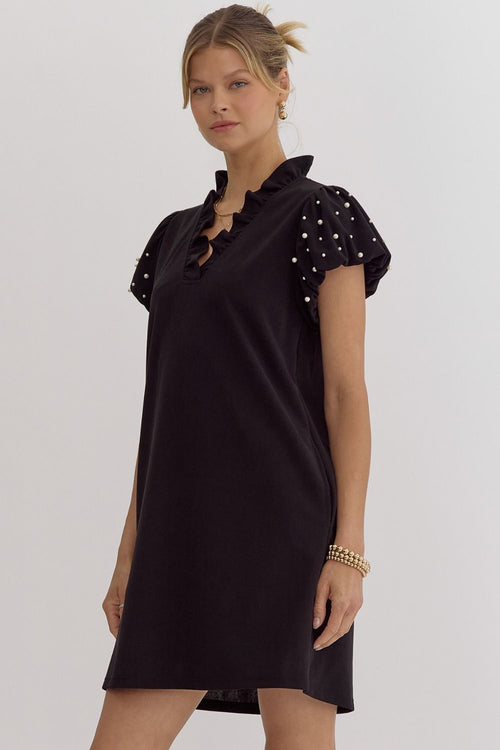 Entro Black puff sleeve dress with beaded pearl details
