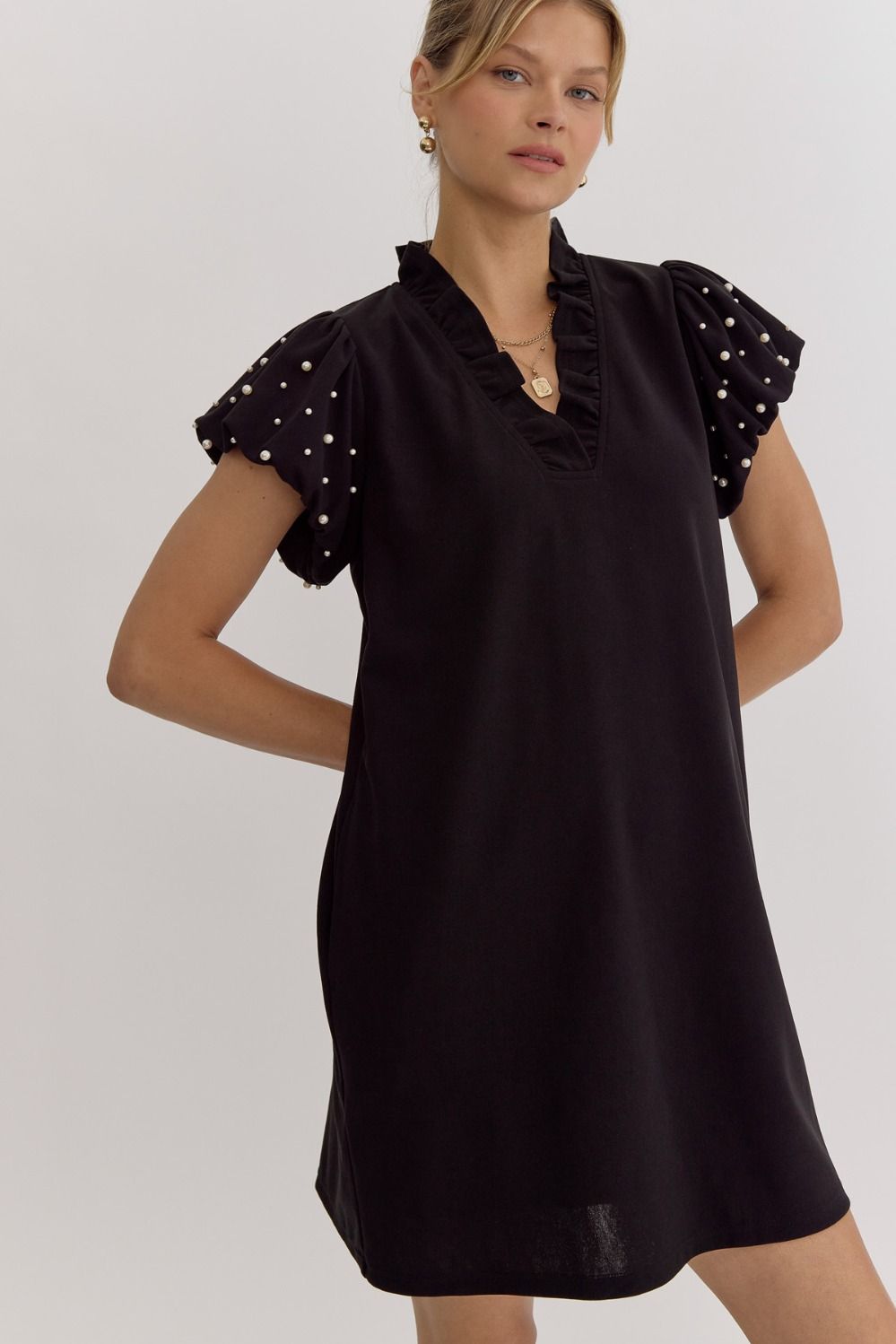 Entro Black puff sleeve dress with beaded pearl details