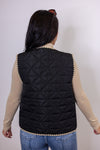 women's black quilted tan trim vest