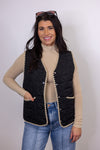 women's black quilted tan trim vest