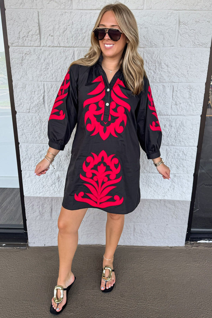 black with large red floral print v neckline balloon sleeve cotton short dress