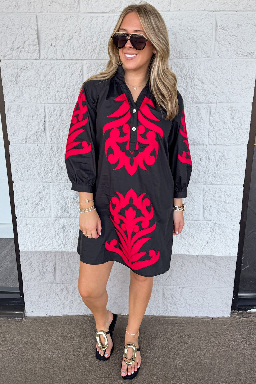 black with large red floral print half length balloon sleeve cotton short dress