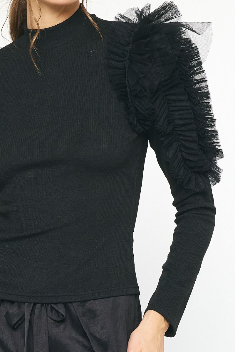 Entro Black ribbed top with mesh ruffles on the shoulders and sleeves