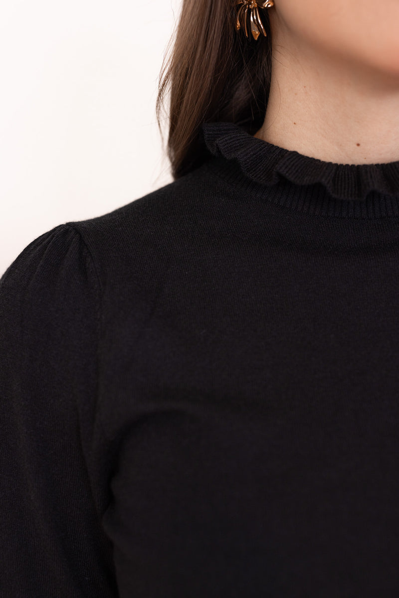 black ruffle mock neck knit top