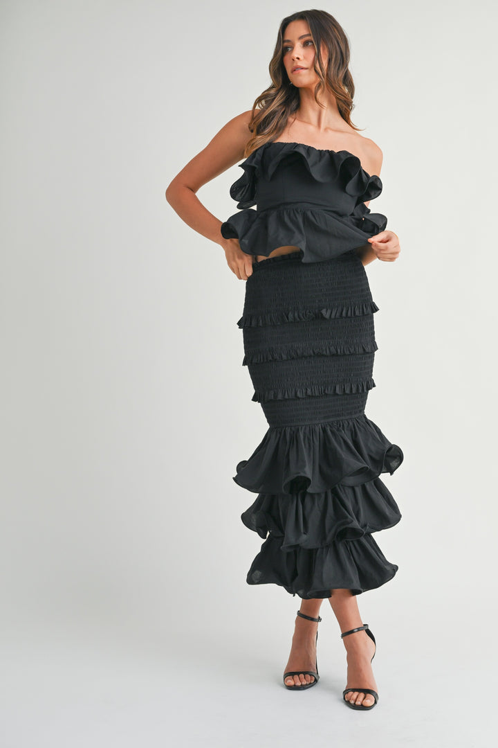 mermaid ruffled midi skirt set black mable