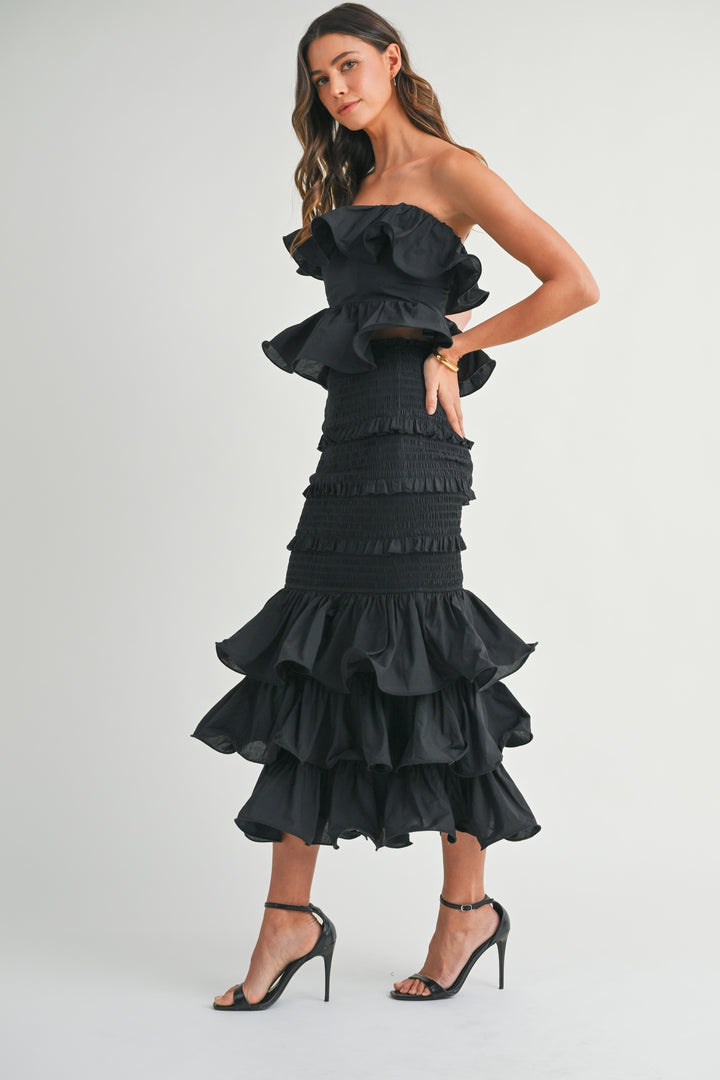 mermaid ruffled midi skirt set black mable