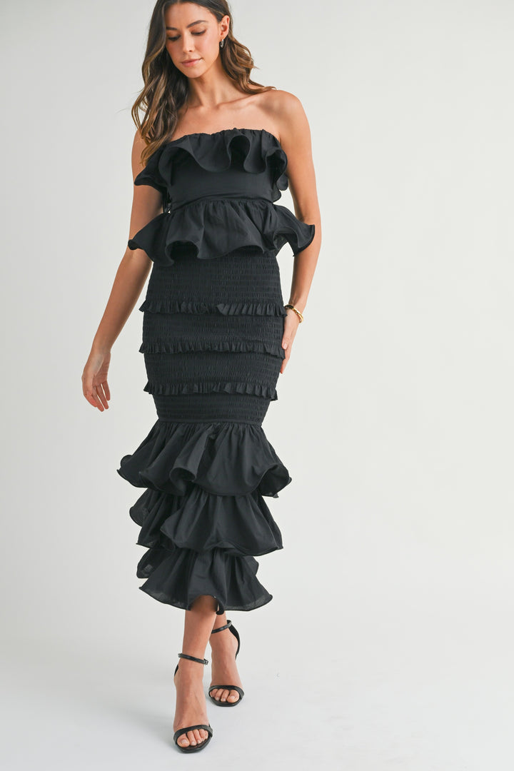 mermaid ruffled midi skirt set black mable