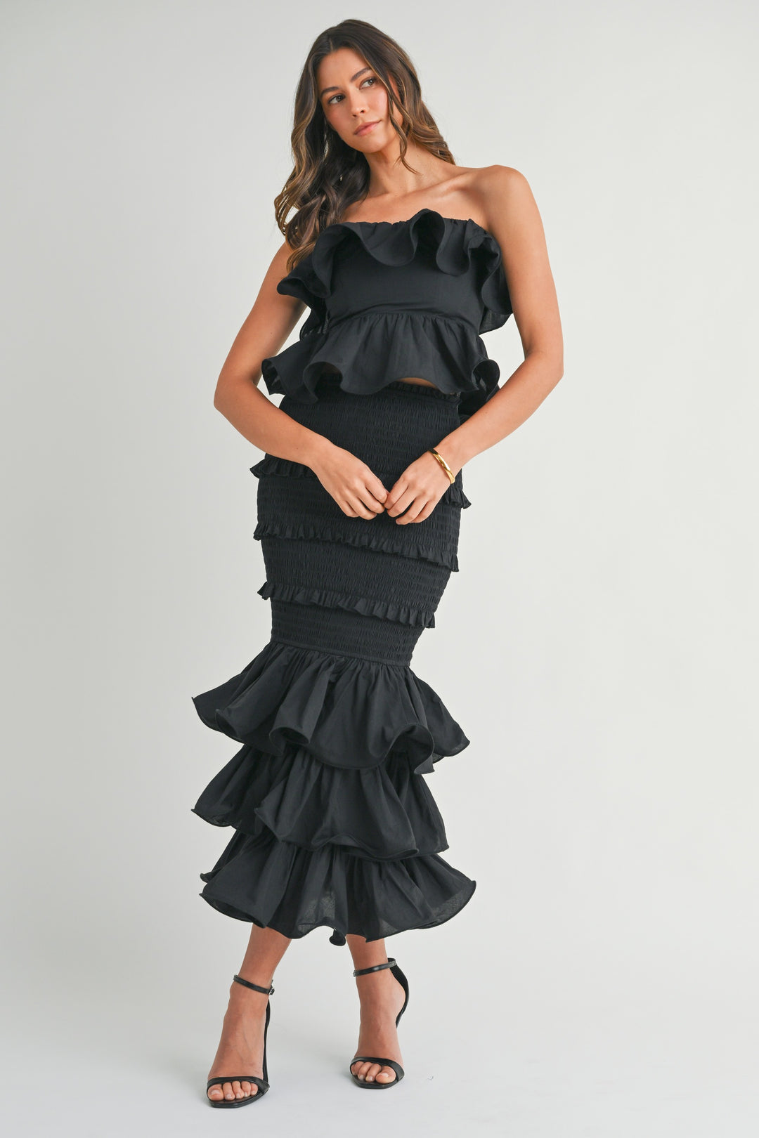 mermaid ruffled midi skirt set black mable