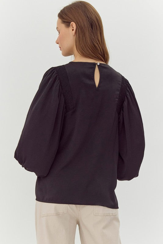 Jodifl Black satin balloon sleeve top with smocked shoulder detail