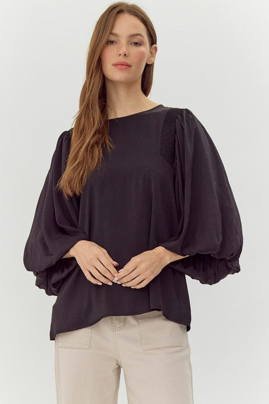 Jodifl Black satin balloon sleeve top with smocked shoulder detail