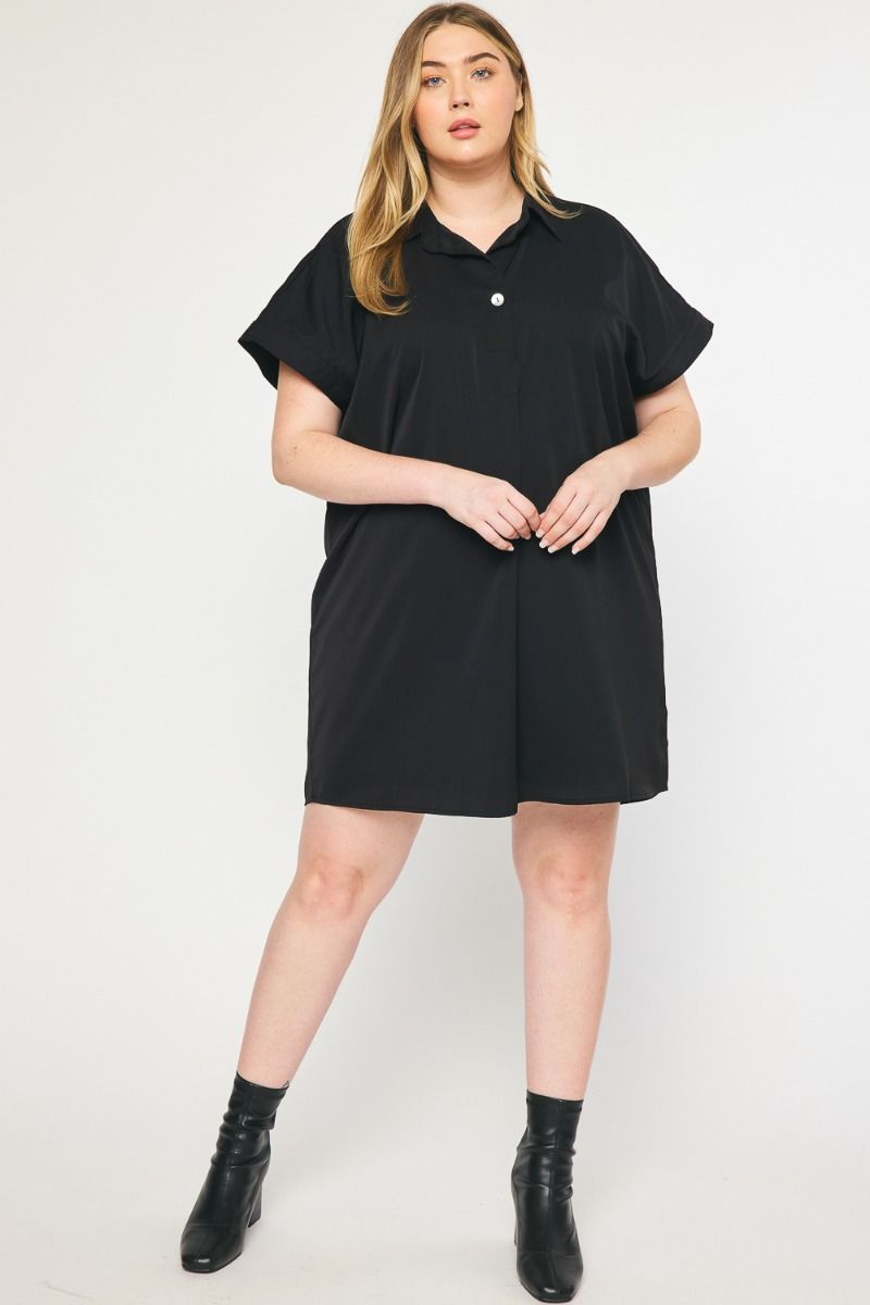 Plus size Entro Black satin-like tunic dress with collar