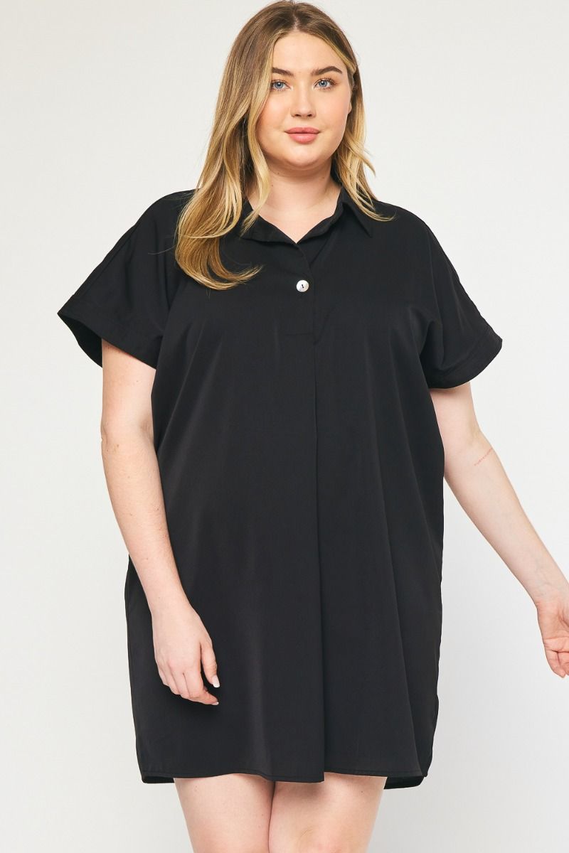 Plus size Entro Black satin-like tunic dress with collar