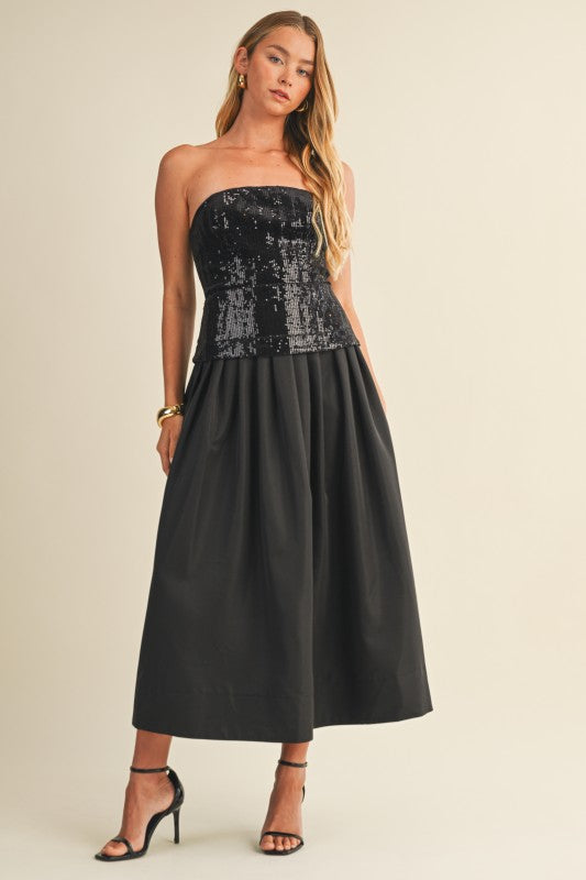 Women's black midi dress with sequin bodice by Mustard Seed showing strapless option