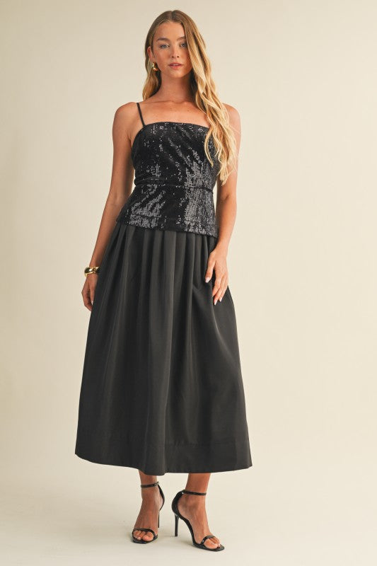 Women's black midi dress with sequin bodice and detachable spaghetti straps by Mustard Seed