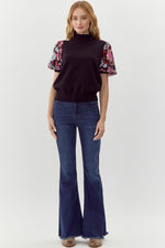 Jodifl Black knit mock neck top with multicolor sequin floral puff sleeves